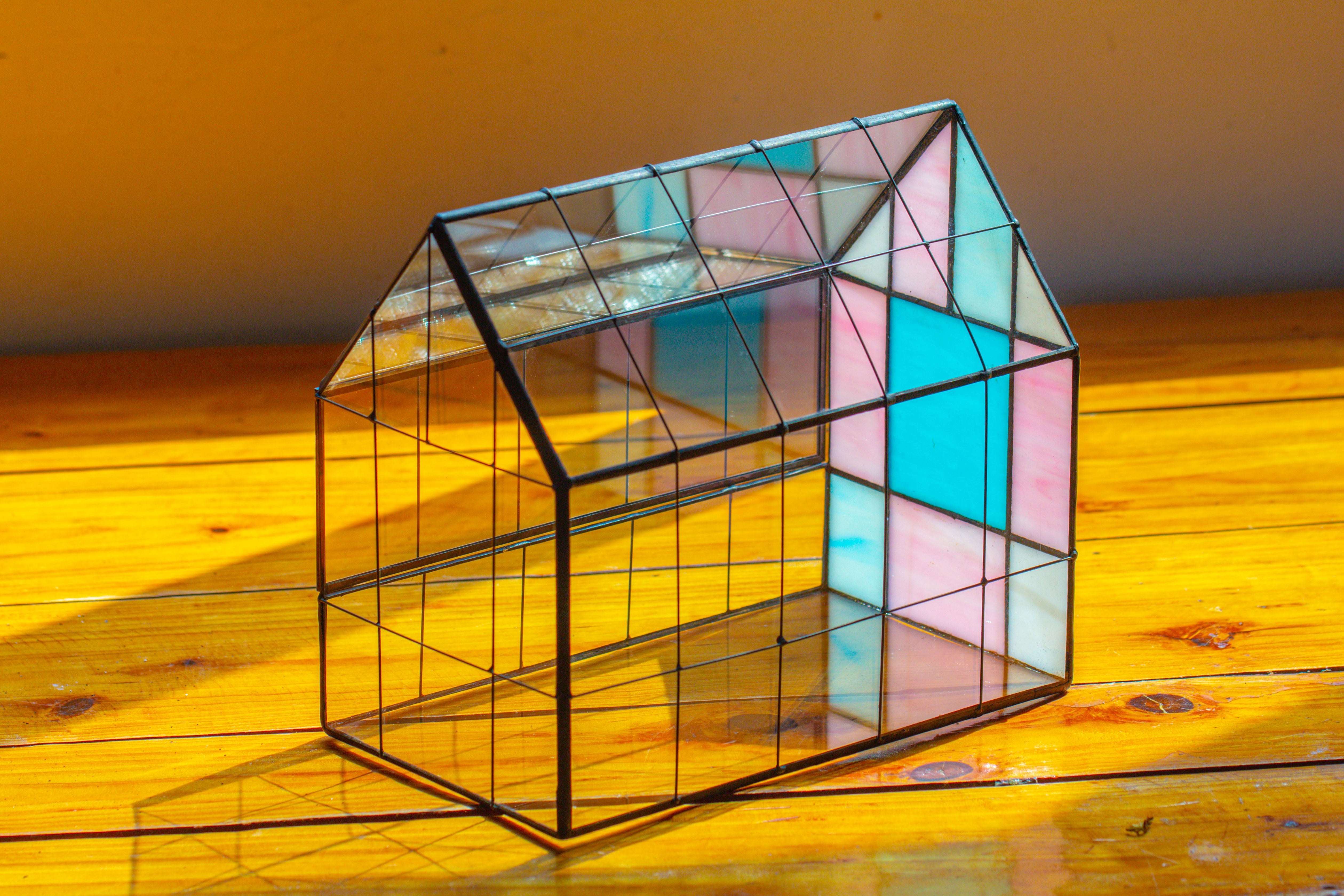 Blue Pink White Stained Glass House Shape Geometric Terrarium, Vintage Style, Close - NCYPgarden
